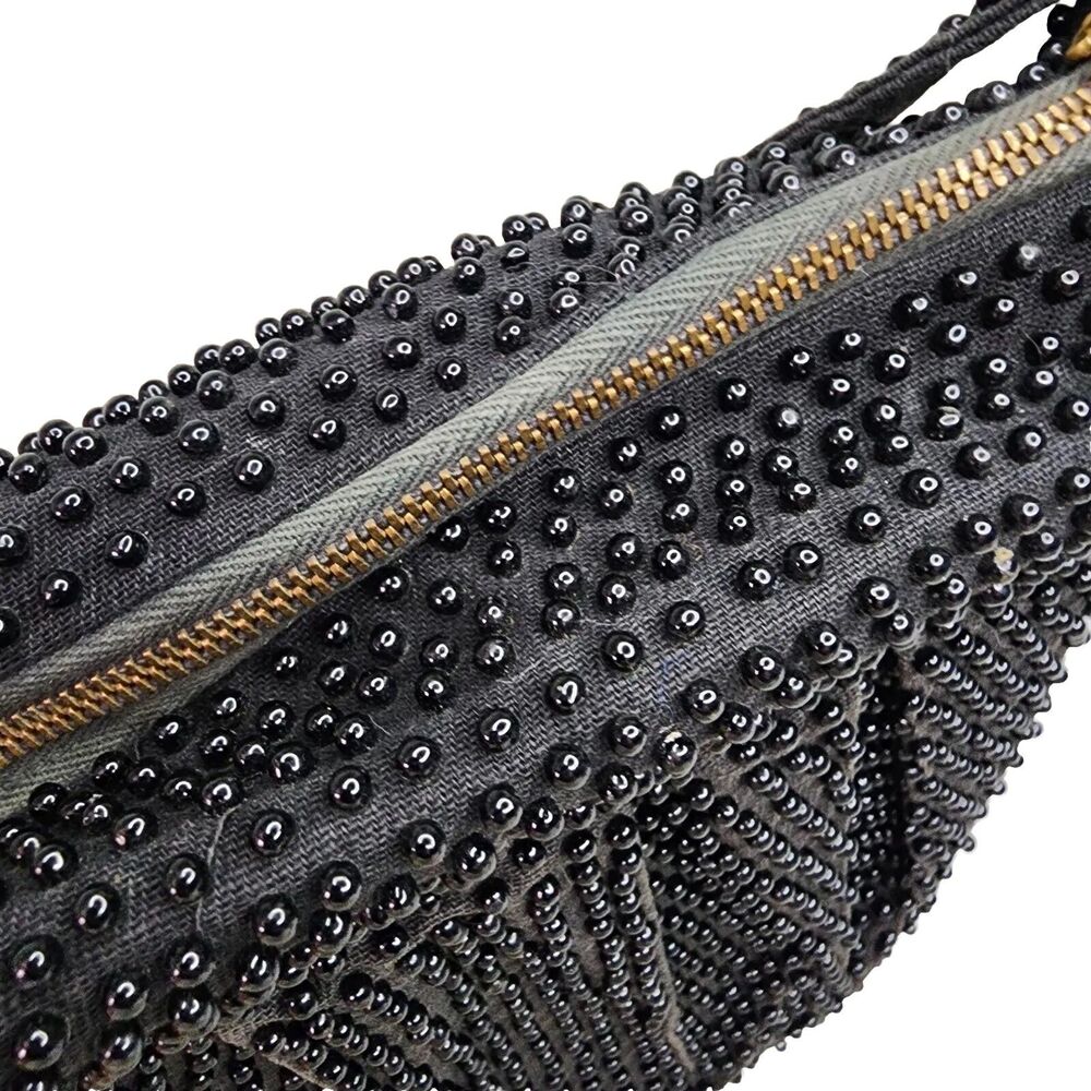 Vintage Plastic Beaded Bag Pleated Satchel Crescent Black Zippered Closure - Picture 11 of 16